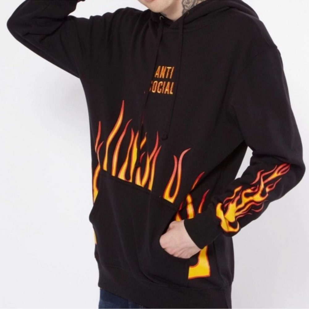 Black Anti Social Flames Graphic Hoodie XL